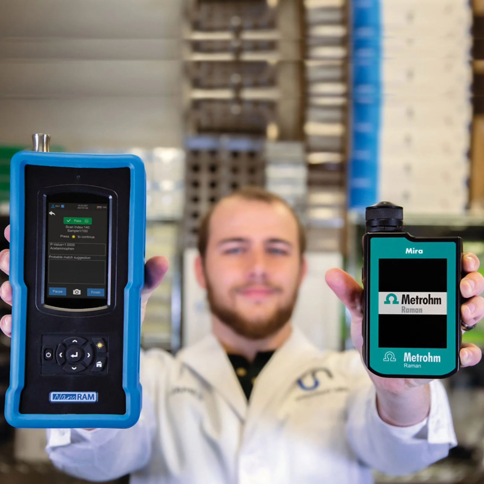 NanoRam 1064 touchscreen showing a material identification and verification workflow
