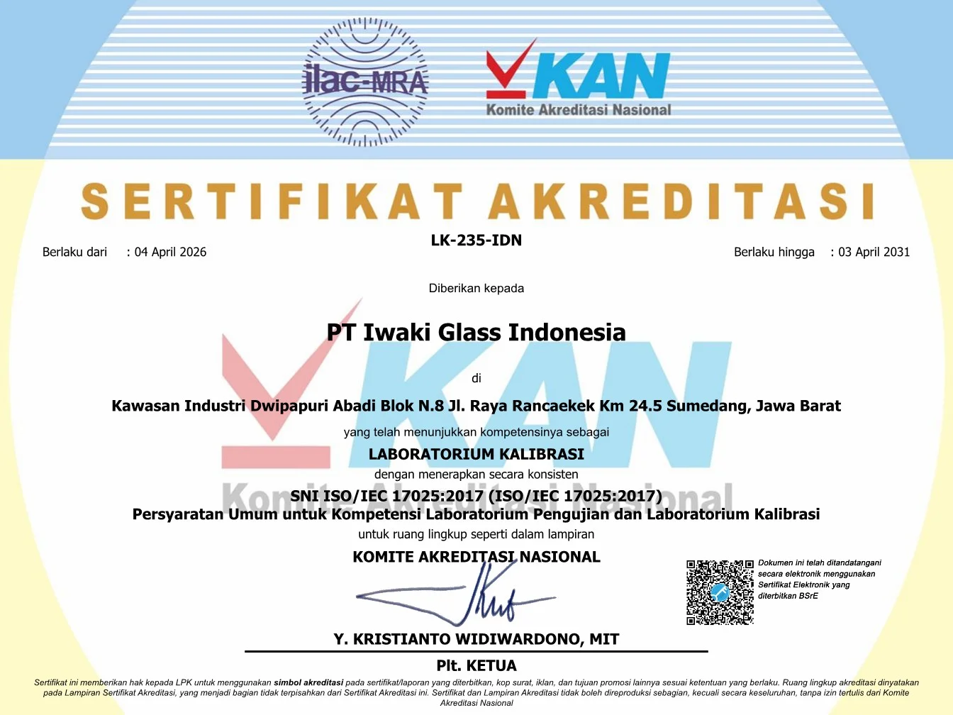 IWAKI Glass Indonesia ISO/IEC 17025 calibration laboratory accreditation