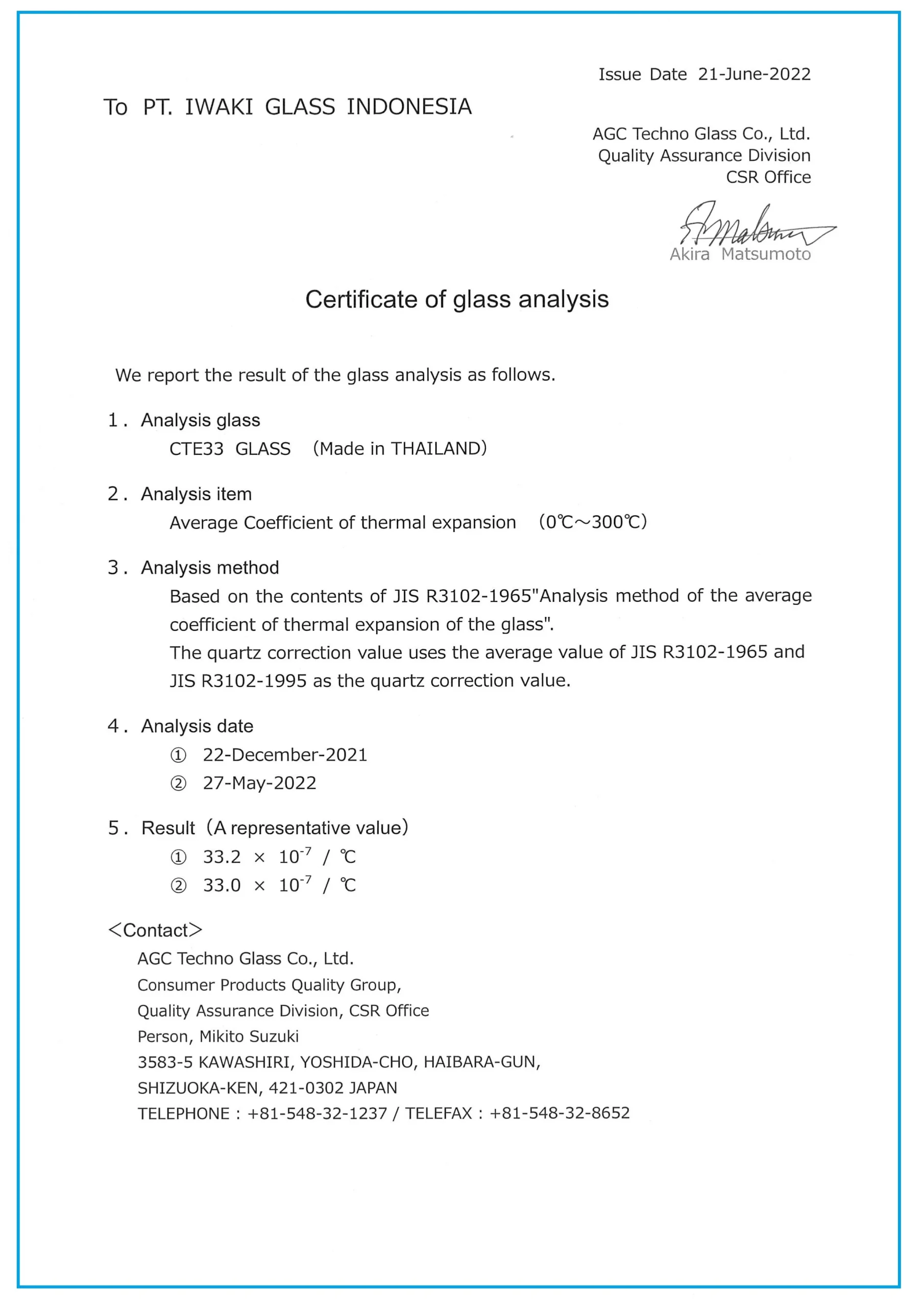 Certificate of glass analysis, Borosilicate 3.3 CTE-33