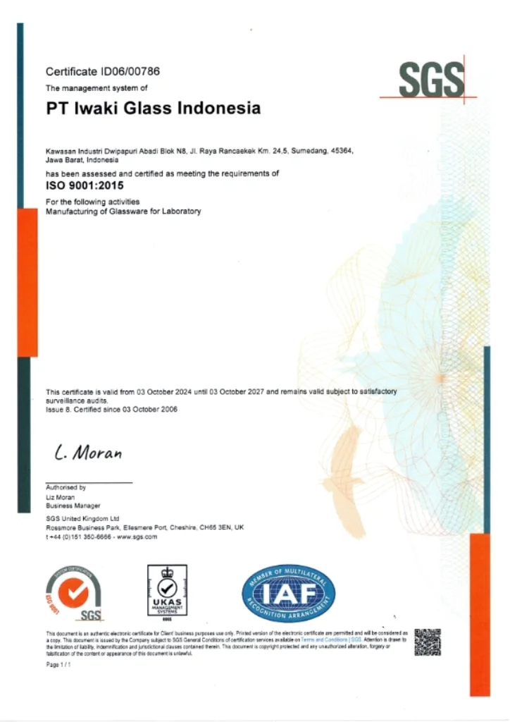 IWAKI Glass Indonesia ISO 9001 manufacturing certificate
